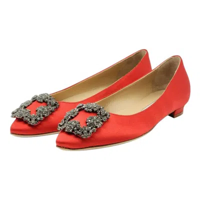 Pre-owned Manolo Blahnik Hangisiflat Jewel Buckle Flat Pumps Satin In Red