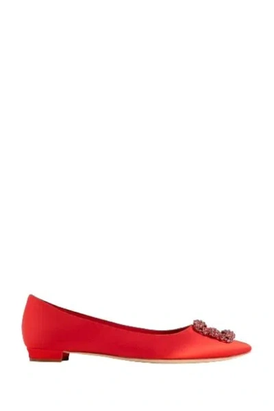 Manolo Blahnik Hangisiflat Satin Jewel Buckle Flat Shoes In Red