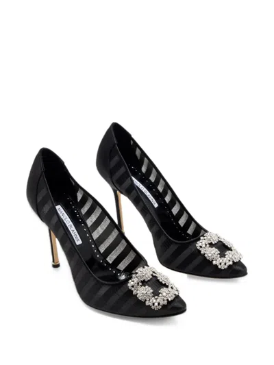 Manolo Blahnik Hangisila Crystal-buckle Striped Pumps In Black