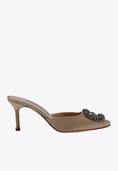 Manolo Blahnik Hangisimu 70 Fmc Crystal Buckle Satin Mules In Nude