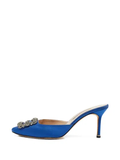 Pre-owned Manolo Blahnik Hangisimu Crystal-embellished Mules In Blue