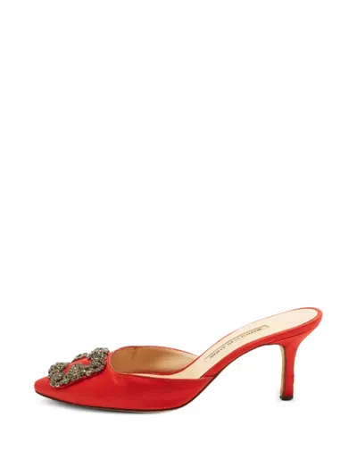Pre-owned Manolo Blahnik Hangisimu Crystal-embellished Mules In Red