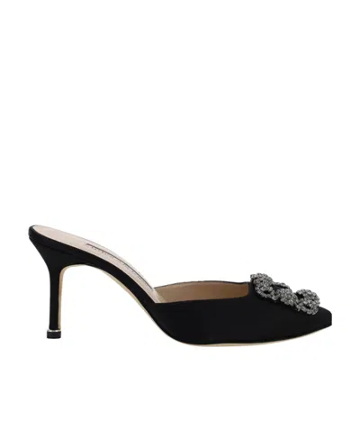 Manolo Blahnik Hangisimuhk Satin Buckle Embellished Mules In Black