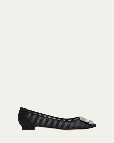 Manolo Blahnik Hangisla Striped Organza Jewel-buckle Flats In Black