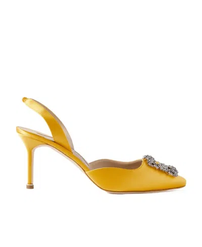 Manolo Blahnik Hangisli 70 Embellished Satin Slingback Pumps In Yellow