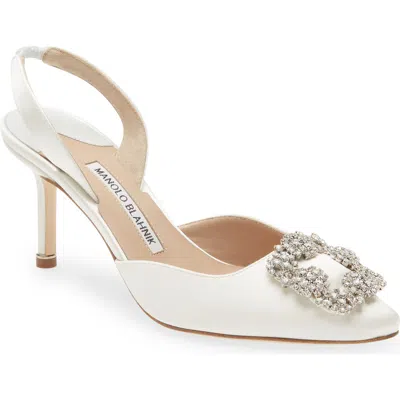 Manolo Blahnik Hangisli Crystal Buckle Pointed Toe Slingback Pump In White