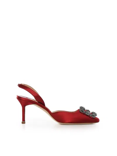 Manolo Blahnik Hangisli 50 Embellished Satin Slingback Pumps In Red