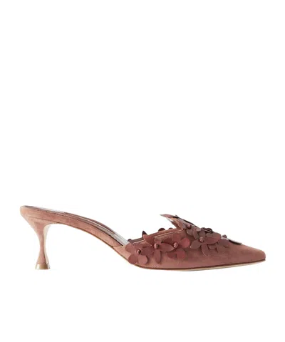 Manolo Blahnik Harnes 50 Appliquéd Suede Mules In Brown