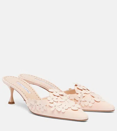 Manolo Blahnik Harnes 50 Floral-appliqué Leather Mules