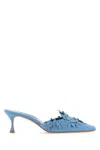 Manolo Blahnik Light Blue Suede Harnes Mules