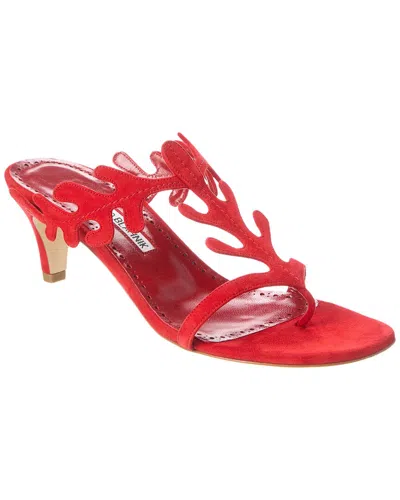Manolo Blahnik Suede T-strap Slide Sandals In Red