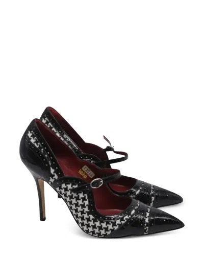 Pre-owned Manolo Blahnik Houndstooth Patent-leather Pumps In Black
