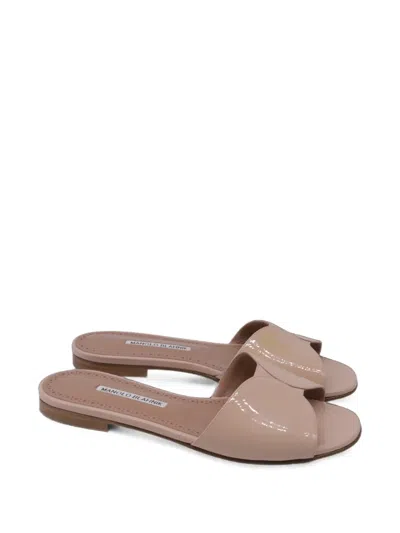 Pre-owned Manolo Blahnik Houramu Patent Leather Sandals In Neutrals