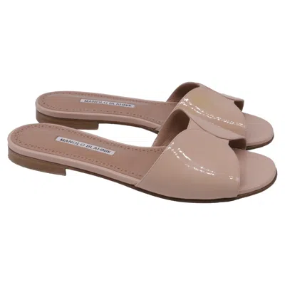Pre-owned Manolo Blahnik Houramu Slide Sandals In Nude Patent Leather In Brown