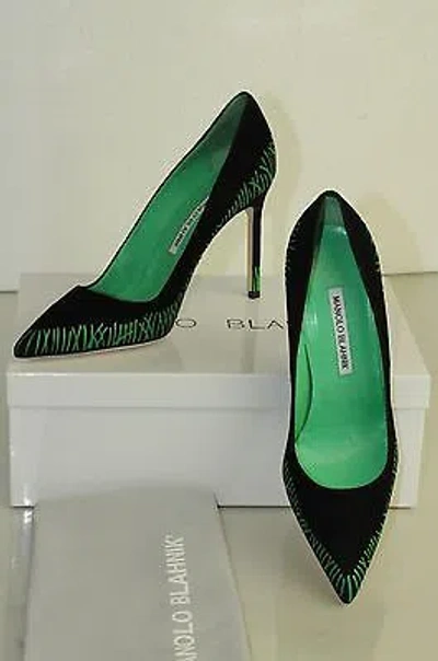 Pre-owned Manolo Blahnik Bb 105 Priya Black Green Suede Shoes Pumps 36.5 39.5 40 41.5