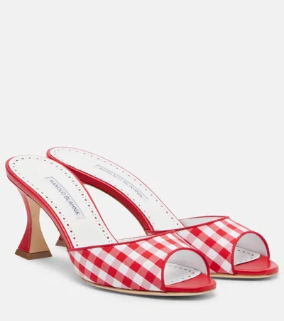 Manolo Blahnik Jadara Leather-trimmed Gingham Mules In Red