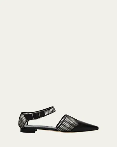 MANOLO BLAHNIK JATELAH LEATHER NET ANKLE-STRAP FLATS