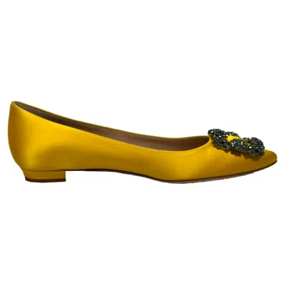 Manolo Blahnik Jewel Buckle Flat Pumps In Yellow Satin In Multi