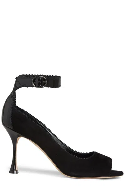 Manolo Blahnik Chastana Mixed Leather Ankle-tie Sandals In Black