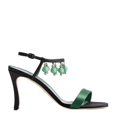 Manolo Blahnik Kasasan 90 Bead-embellished Satin Sandals In Green