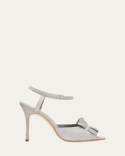 Manolo Blahnik Khedni Ruffle Peep-toe Suede Sandals In Gray