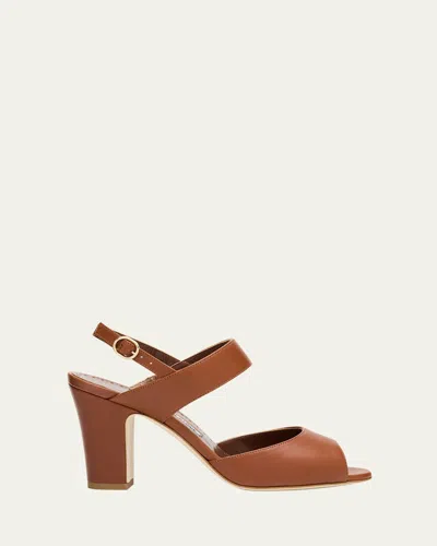 Manolo Blahnik Khiko Leather Peep-toe Slingback Sandals In Brown