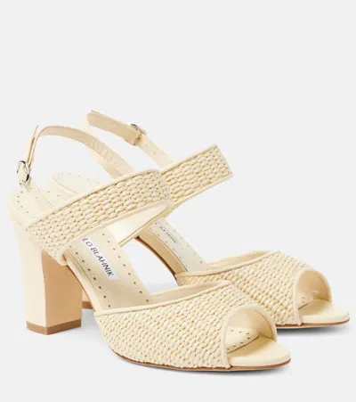 Manolo Blahnik Khiko Leather-trimmed Raffia Sandals In Beige