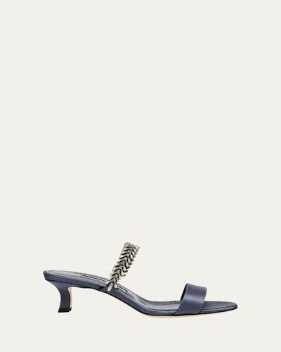 Manolo Blahnik Kifasan Embellished Satin Kitten-heel Sandals In Blue