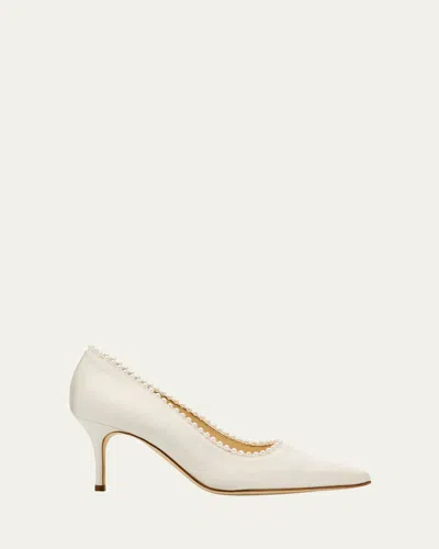 Manolo Blahnik Kifat 70mm Silk Pearly Classic Pumps In White