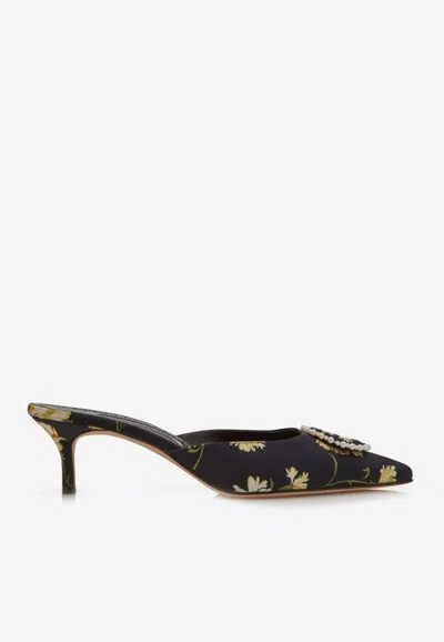 MANOLO BLAHNIK KIFATMU 50 FLORAL SATIN MULES