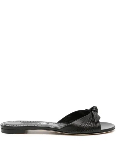 Manolo Blahnik Black Knot Detail Leather Flat Sandals