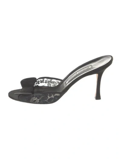 Pre-owned Manolo Blahnik Lace Bow Accents Slides In Black