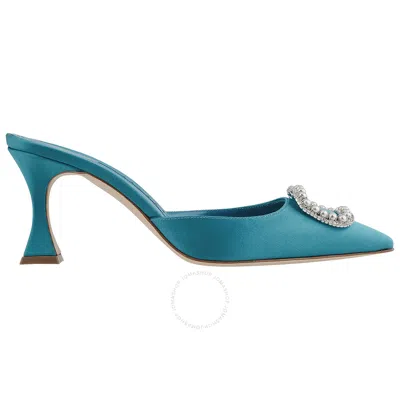 Manolo Blahnik Ladies Fabetamu Satin Jewel And Pearl Embellished Mules In Blue