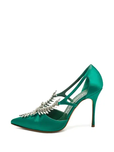 Pre-owned Manolo Blahnik Lala Crystal-embellished Satin Pumps In Green