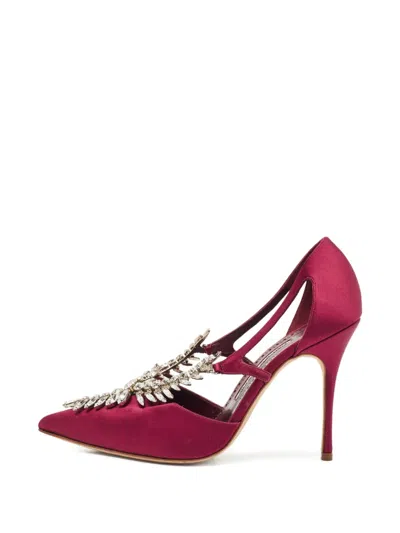 Pre-owned Manolo Blahnik Lala Satin Embellished Court Shoes In Red