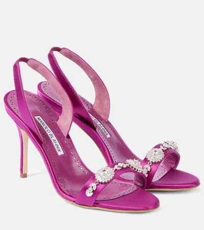 Manolo Blahnik Lamisan Embellished Satin Slingback Sandals In Pink