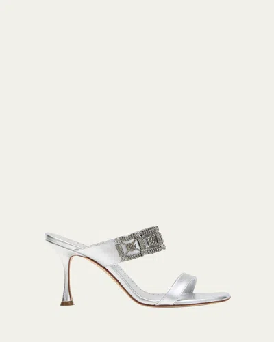 Manolo Blahnik Larapa Embellished Metallic Slide Sandals In Silv0454