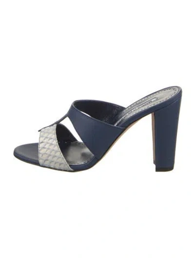 Pre-owned Manolo Blahnik Leather Animal Print Slides In Blue