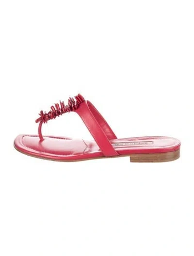 Pre-owned Manolo Blahnik Leather Beaded Accents Flip Flops In Red