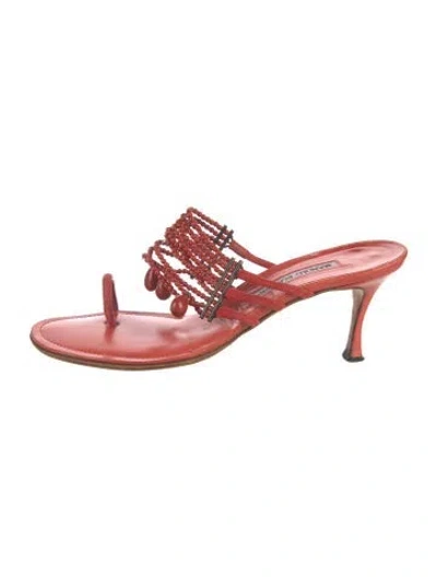 Pre-owned Manolo Blahnik Leather Beaded Accents Slides In Orange
