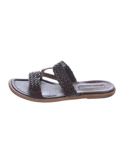 Pre-owned Manolo Blahnik Leather Braided Accents Slides In Brown