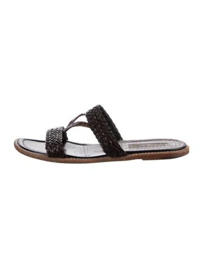 Pre-owned Manolo Blahnik Leather Braided Accents Slides In Brown