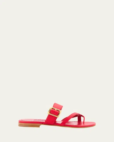 Manolo Blahnik Leather Buckle Crisscross Slide Sandals In Red