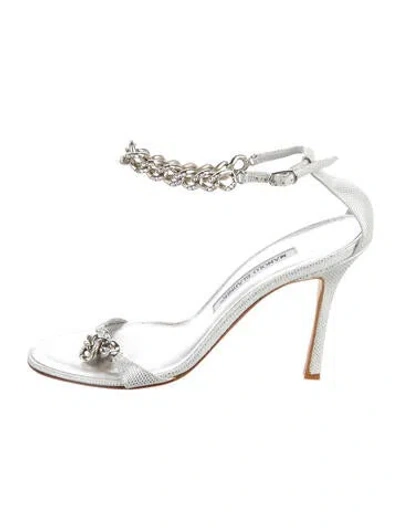 Pre-owned Manolo Blahnik Leather Chain-link Accents Mules In Silver