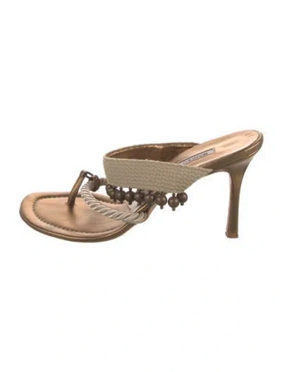Pre-owned Manolo Blahnik Leather Colorblock Pattern Slides In Brown/gold/neutrals