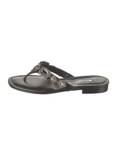 Pre-owned Manolo Blahnik Leather Crystal Embellishments Flip Flops In Black