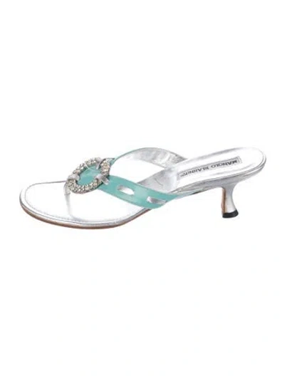Pre-owned Manolo Blahnik Leather Crystal Embellishments Flip Flops In Blue/metallic