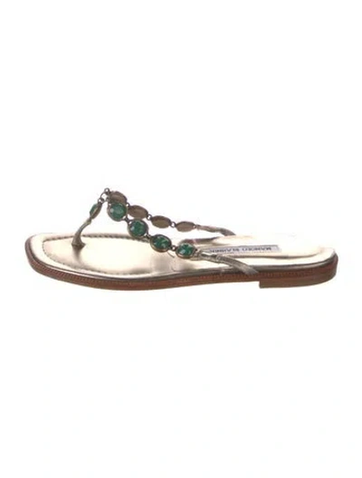 Pre-owned Manolo Blahnik Leather Crystal Embellishments Flip Flops In Gold/metallic