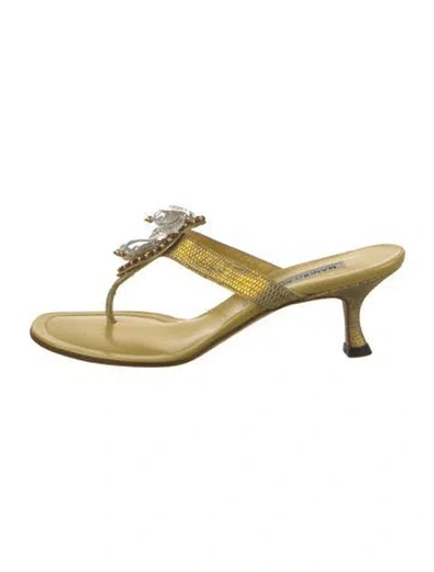 Pre-owned Manolo Blahnik Leather Crystal Embellishments Flip Flops In Yellow