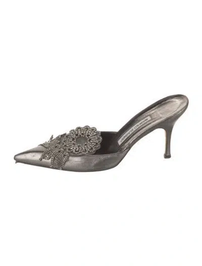 Pre-owned Manolo Blahnik Leather Crystal Embellishments Mules In Gray